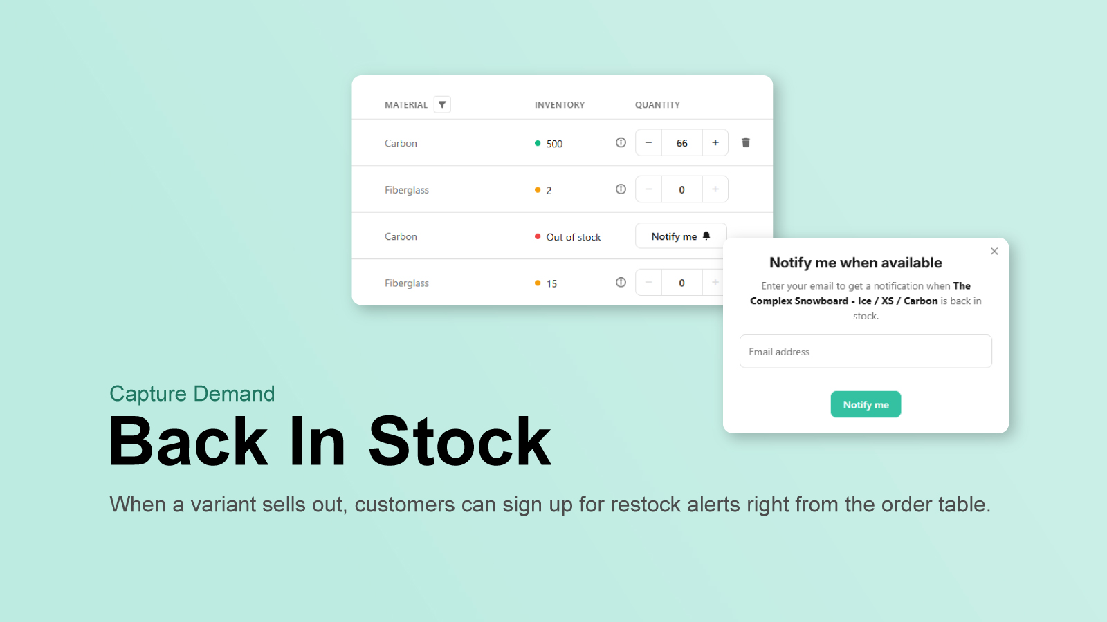 Quick Order List showing a sold-out variant with a Notify Me button and back-in-stock email signup modal